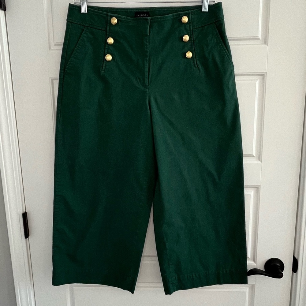 Talbots Green Cotton Slub Sailor Crop Pants Nautical Wide Leg Size 14 Vacation - Picture 2 of 13